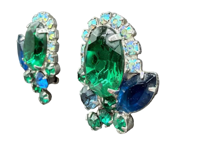 1950s Blue & Green Rhinestone Cluster Clip Earrings