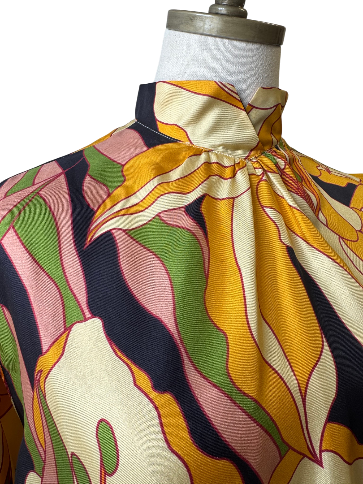 La Prestic Ouiston Silk Printed Blouse with Mandarin Collar and back buttons