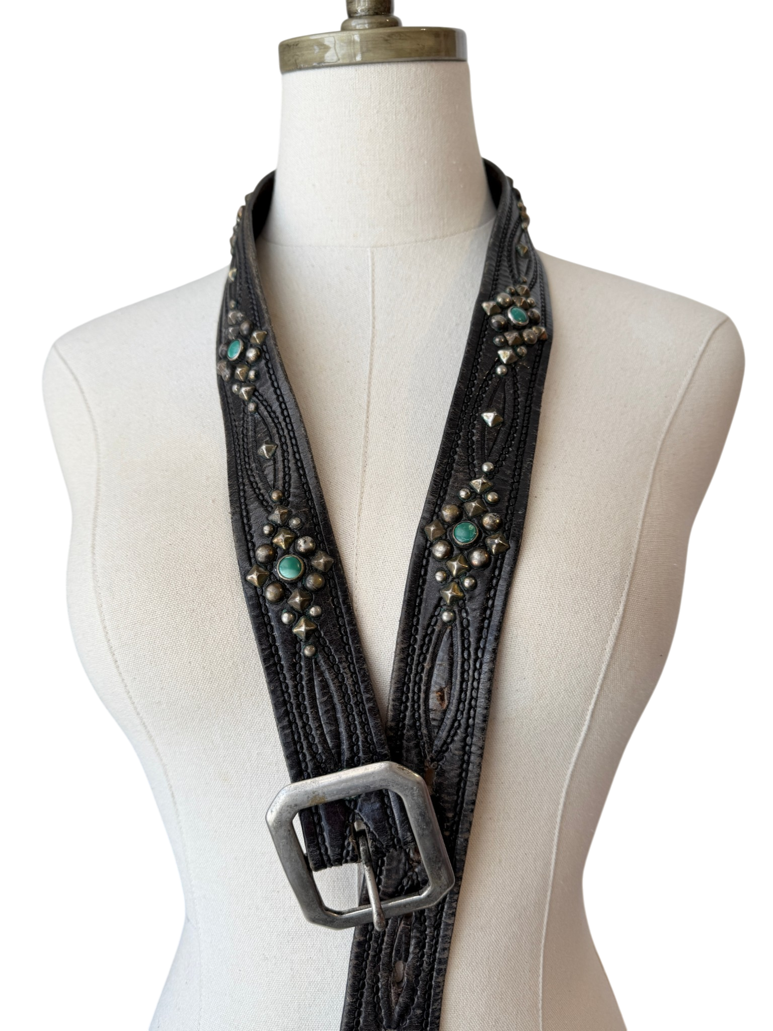 1970s Hand-Tooled Black Leather Belt with Sterling Studs and Turquoise Detail