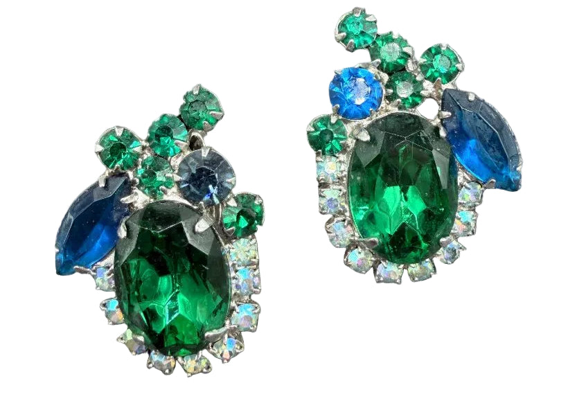 1950s Blue & Green Rhinestone Cluster Clip Earrings