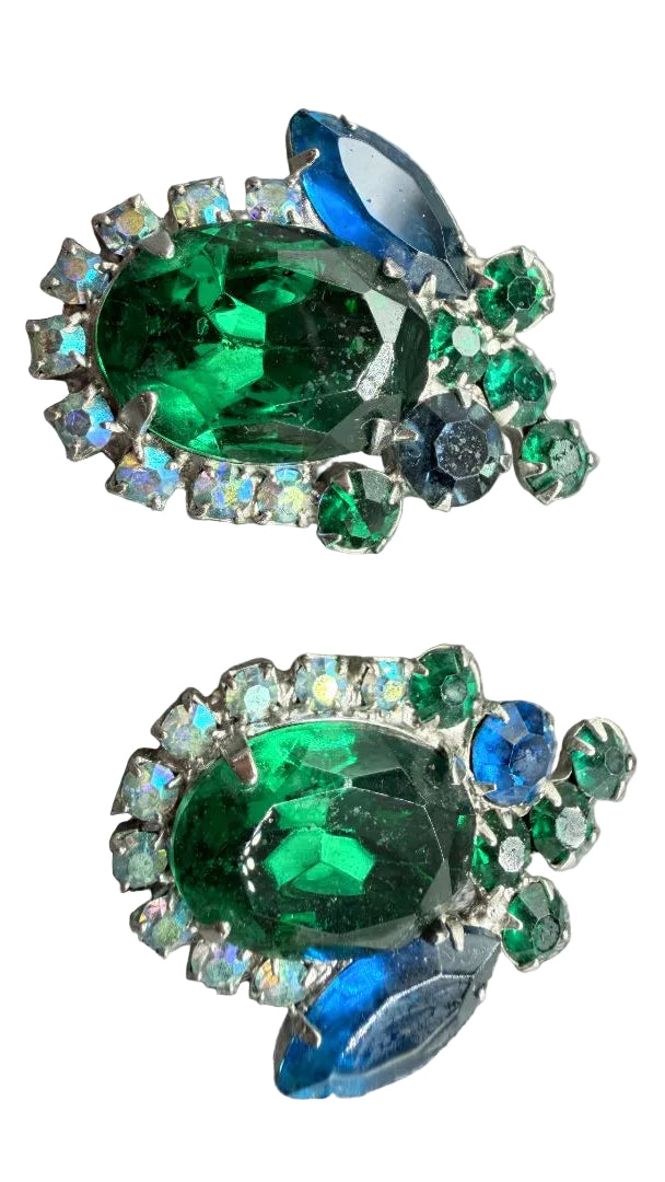 1950s Blue & Green Rhinestone Cluster Clip Earrings