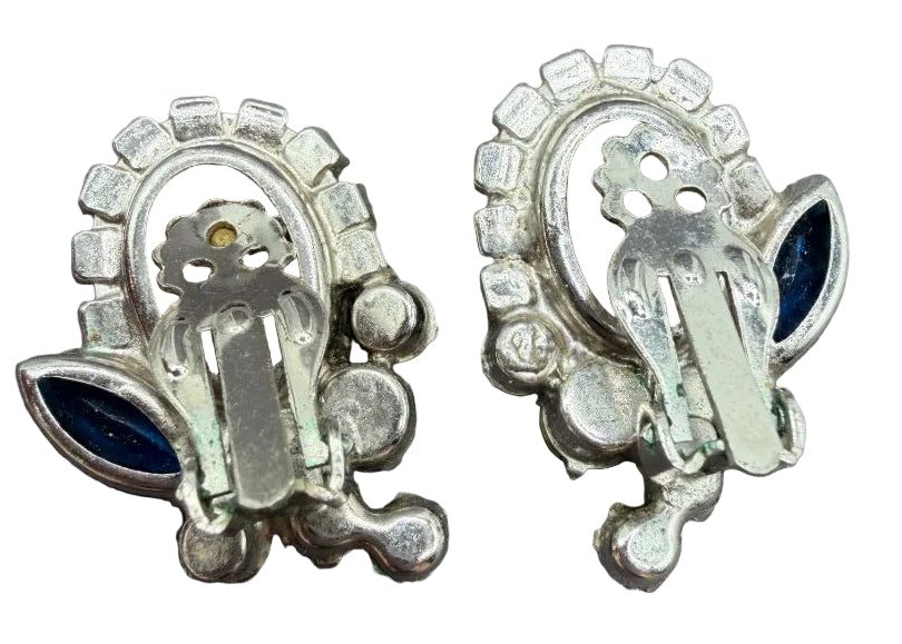 1950s Blue & Green Rhinestone Cluster Clip Earrings