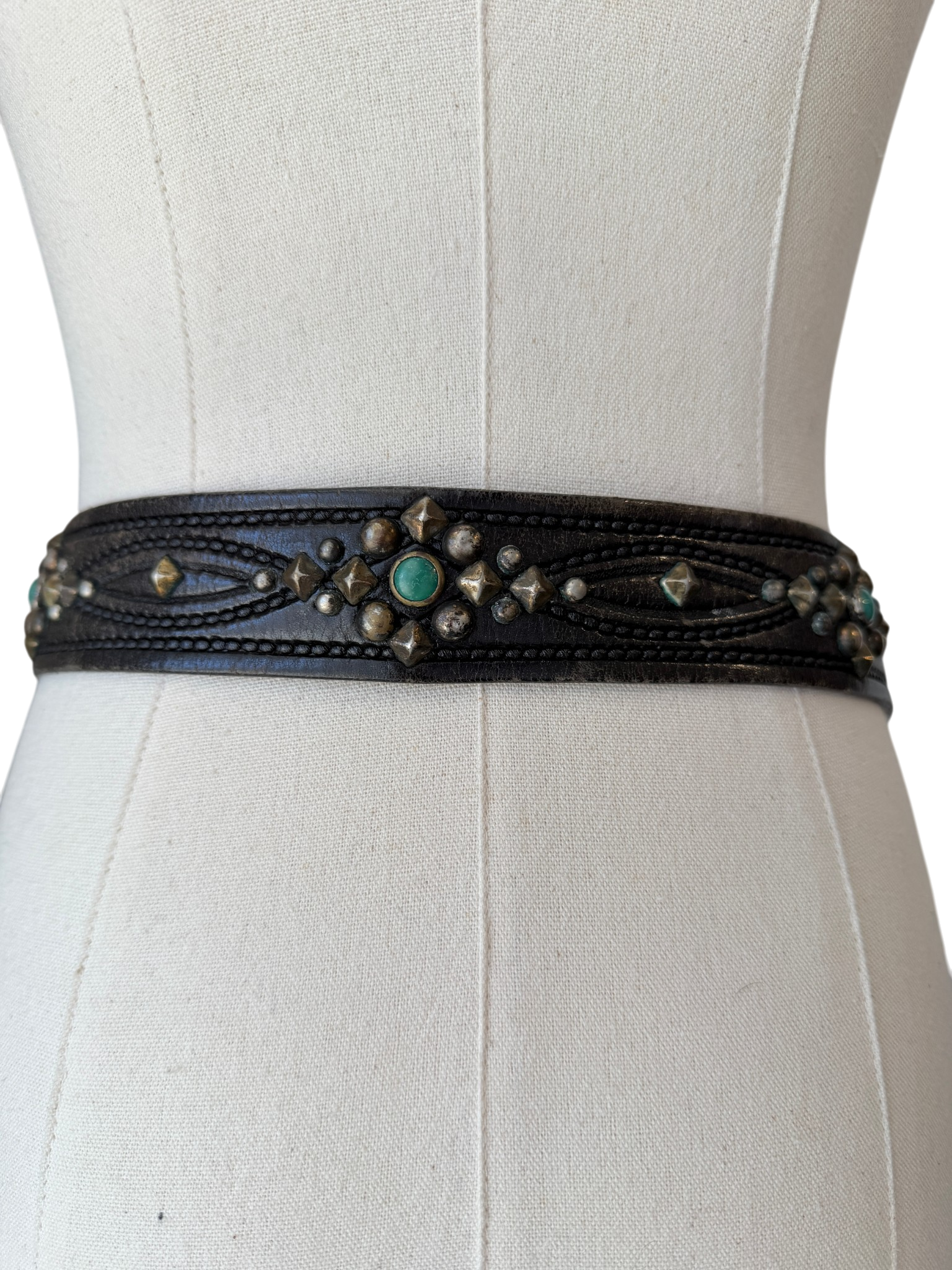 1970s Hand-Tooled Black Leather Belt with Sterling Studs and Turquoise Detail
