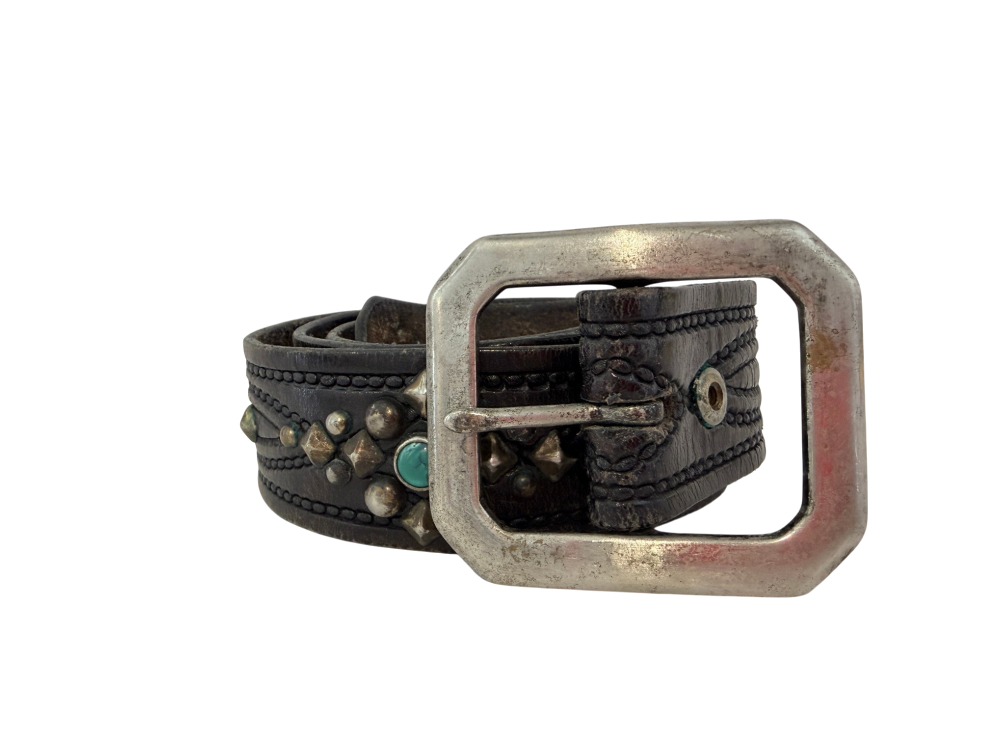 1970s Hand-Tooled Black Leather Belt with Sterling Studs and Turquoise Detail