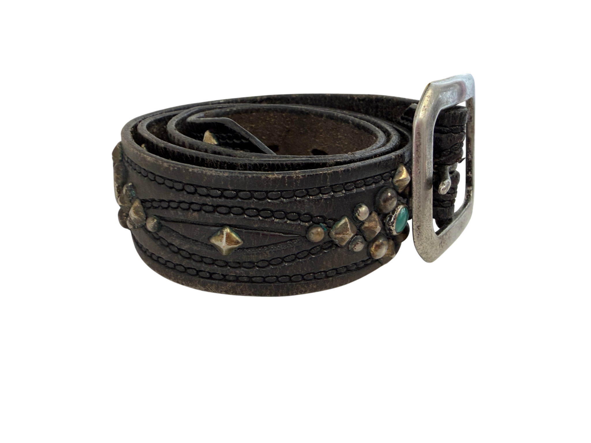 1970s Hand-Tooled Black Leather Belt with Sterling Studs and Turquoise Detail