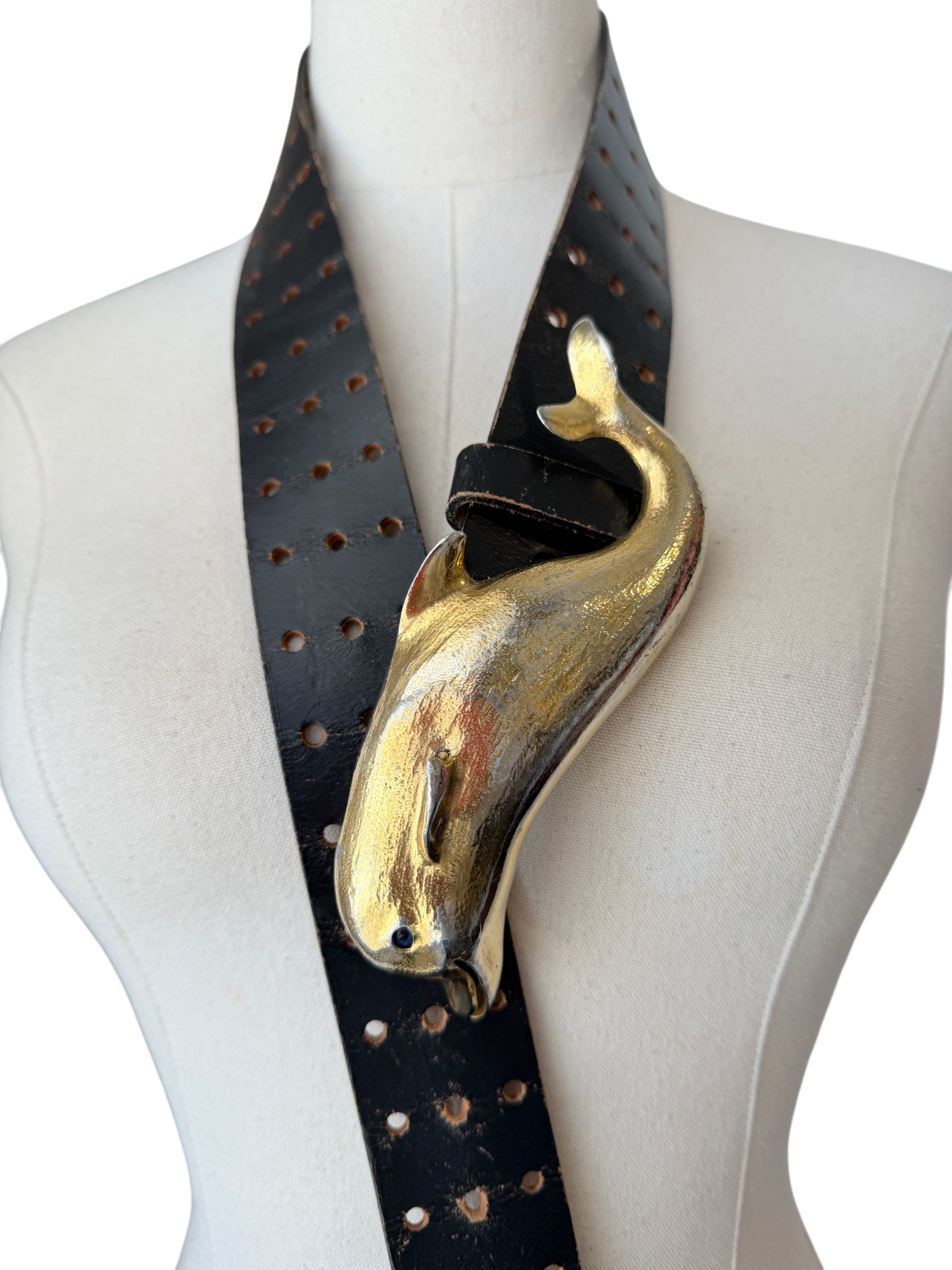 1976 Christopher Ross Sculptural Dolphin Gold-Tone Belt Buckle on Black Leather Belt