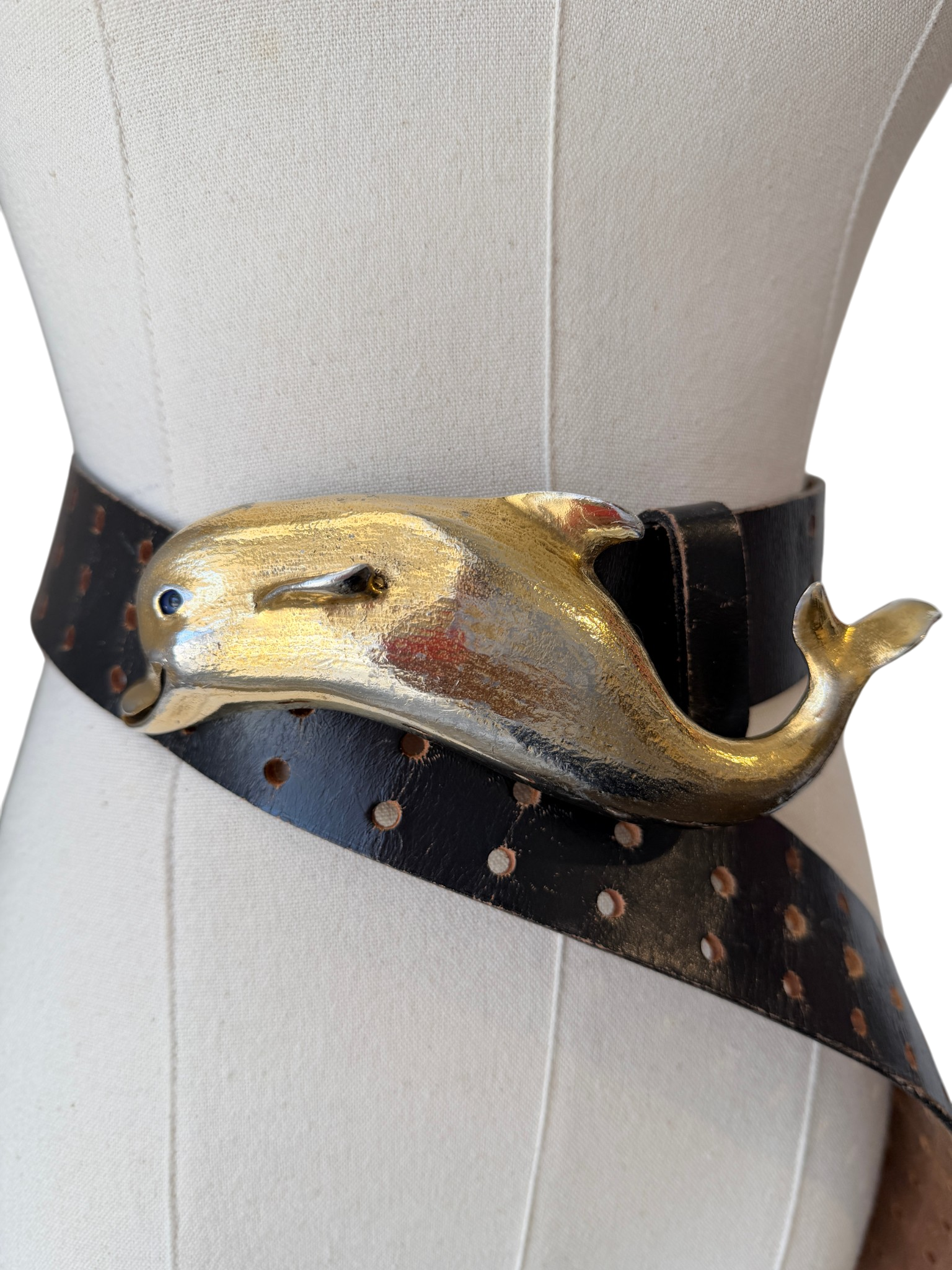 1976 Christopher Ross Sculptural Dolphin Gold-Tone Belt Buckle on Black Leather Belt