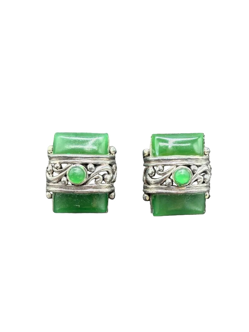1960s Sterling Silver Rectangular Clip-On Earrings with Green Jade & Scrollwork