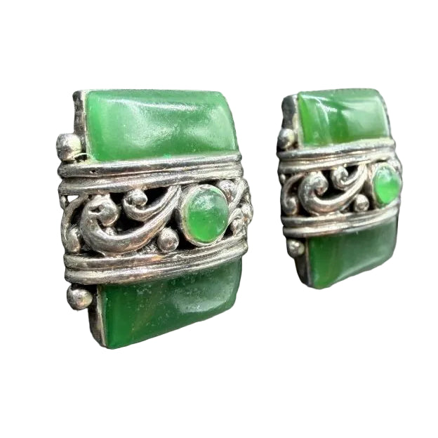 1960s Sterling Silver Rectangular Clip-On Earrings with Green Jade & Scrollwork