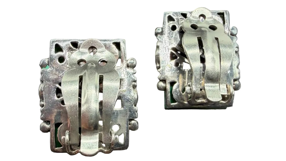 1960s Sterling Silver Rectangular Clip-On Earrings with Green Jade & Scrollwork