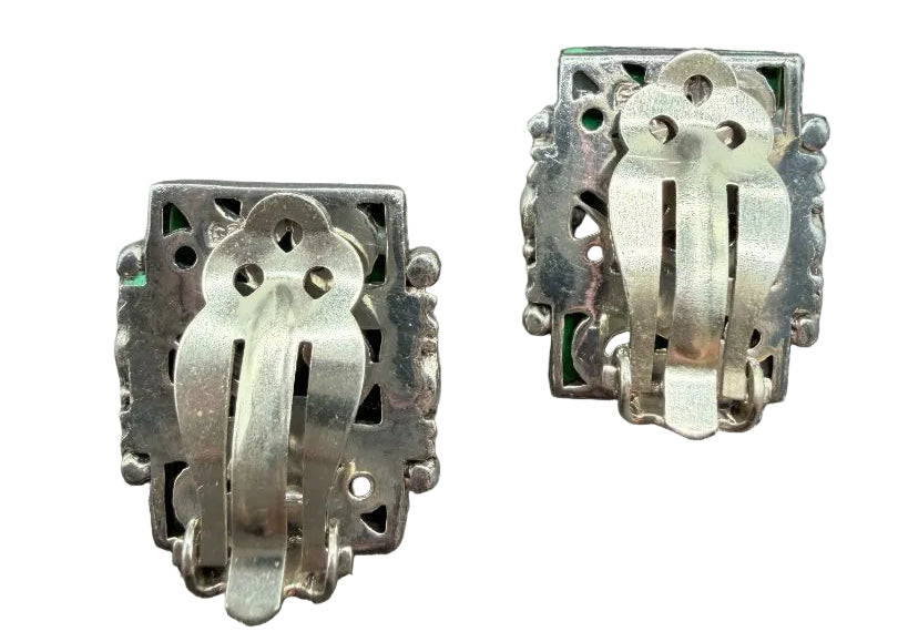 1960s Sterling Silver Rectangular Clip-On Earrings with Green Jade & Scrollwork