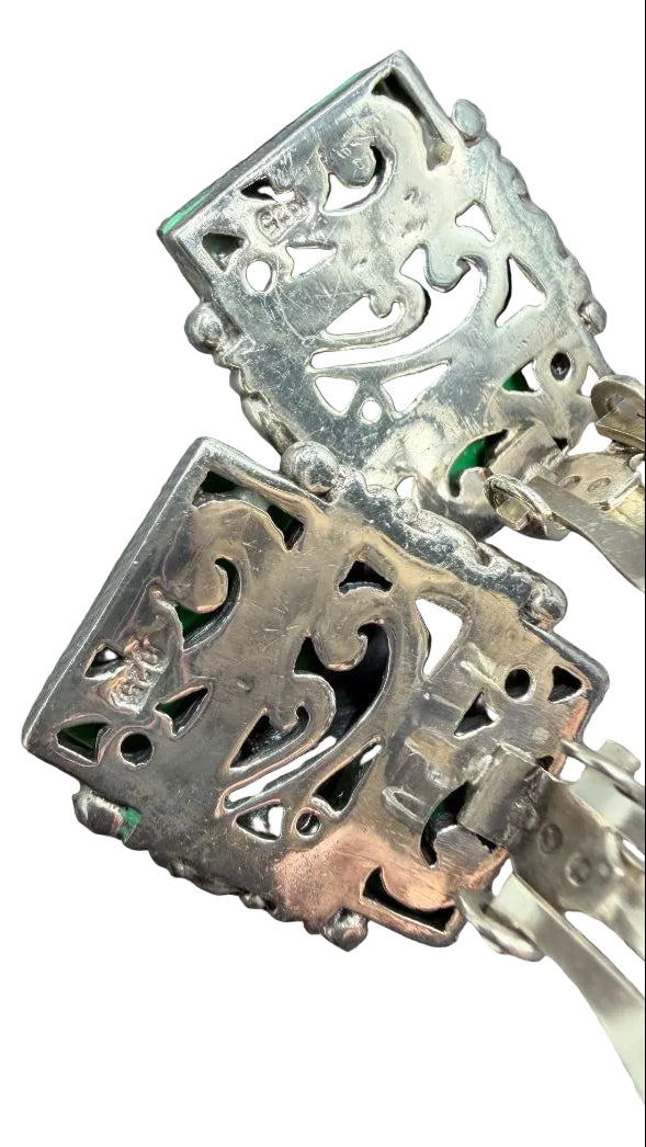 1960s Sterling Silver Rectangular Clip-On Earrings with Green Jade & Scrollwork