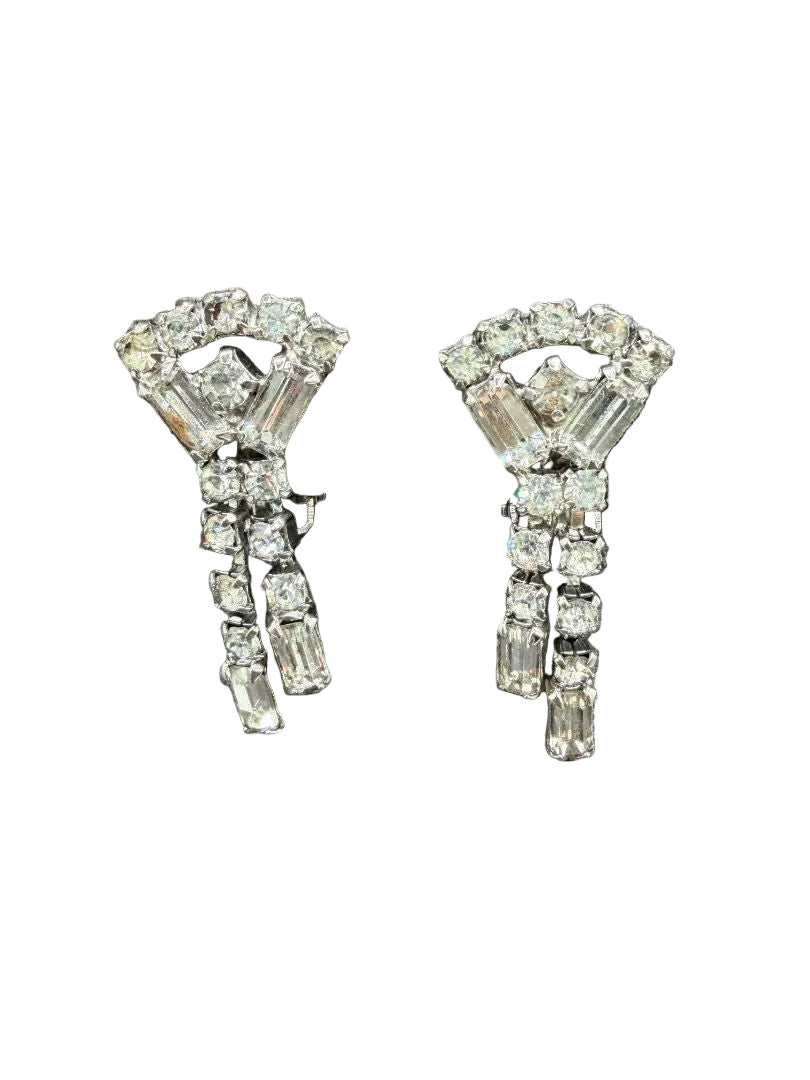 1950s Clear Rhinestone Diamond-Shaped Clip Earrings with Double Tassel Drops