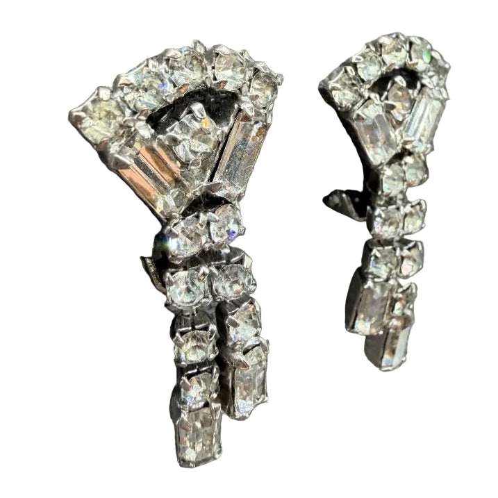 1950s Clear Rhinestone Diamond-Shaped Clip Earrings with Double Tassel Drops