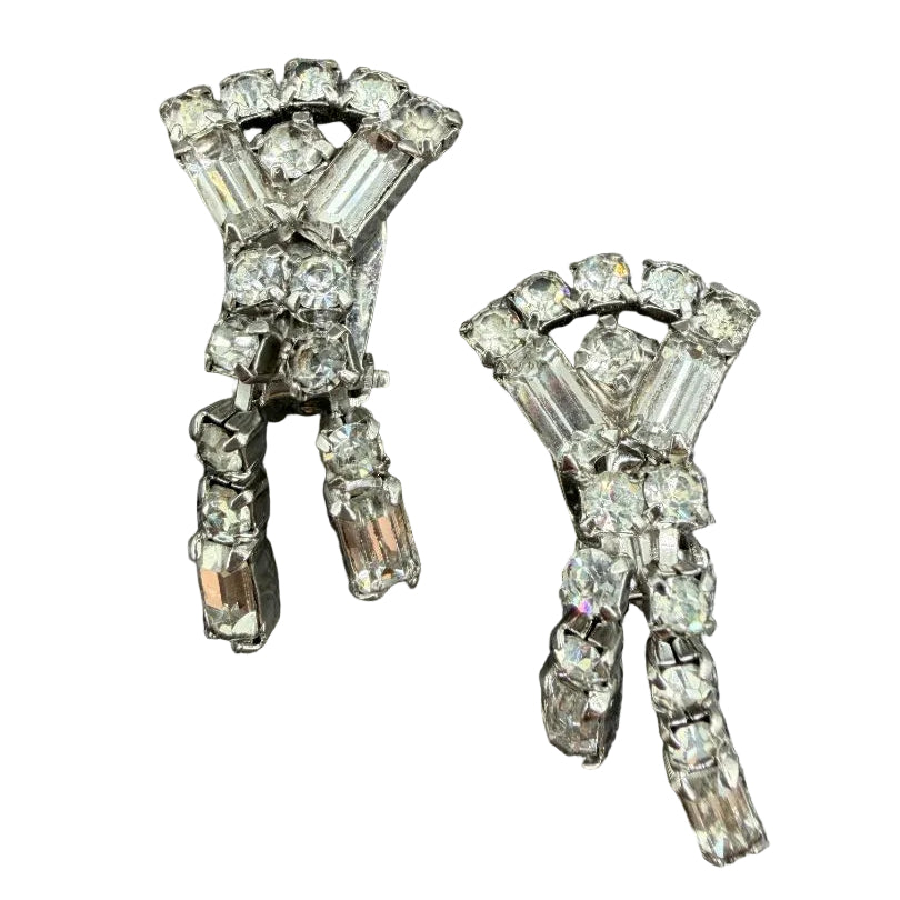 1950s Clear Rhinestone Diamond-Shaped Clip Earrings with Double Tassel Drops