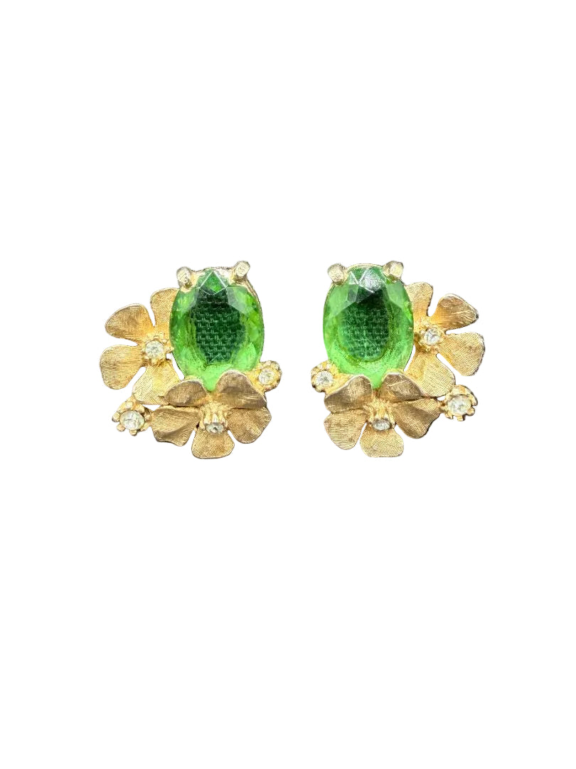 1950s ART Gold-Tone Flower Cluster Clip Earrings with Green Austrian Crystals