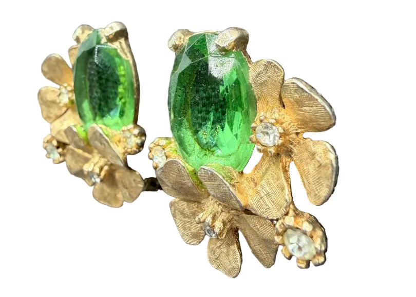 1950s ART Gold-Tone Flower Cluster Clip Earrings with Green Austrian Crystals