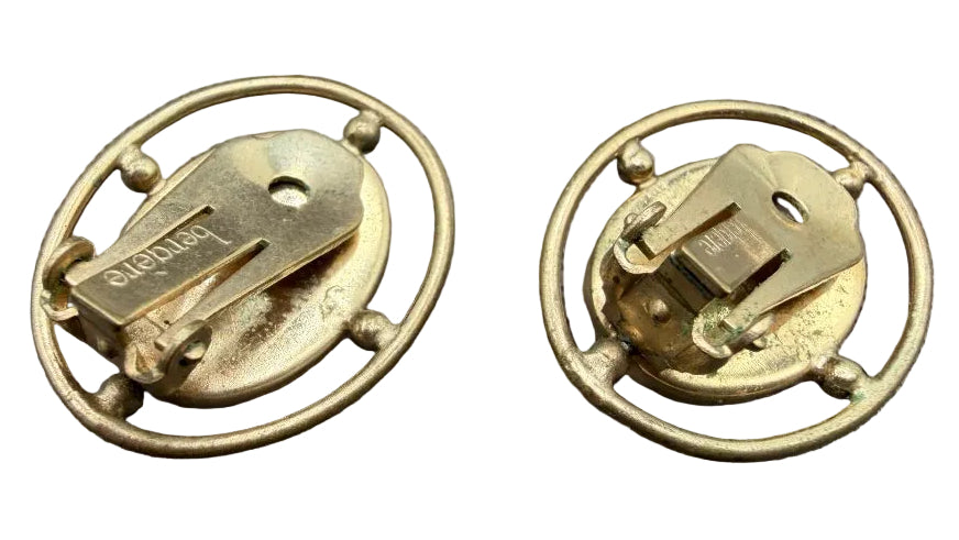 1950s Bergère Gold-Tone Openwork Oval Clip Earrings with Ivory Glitter Cabochons