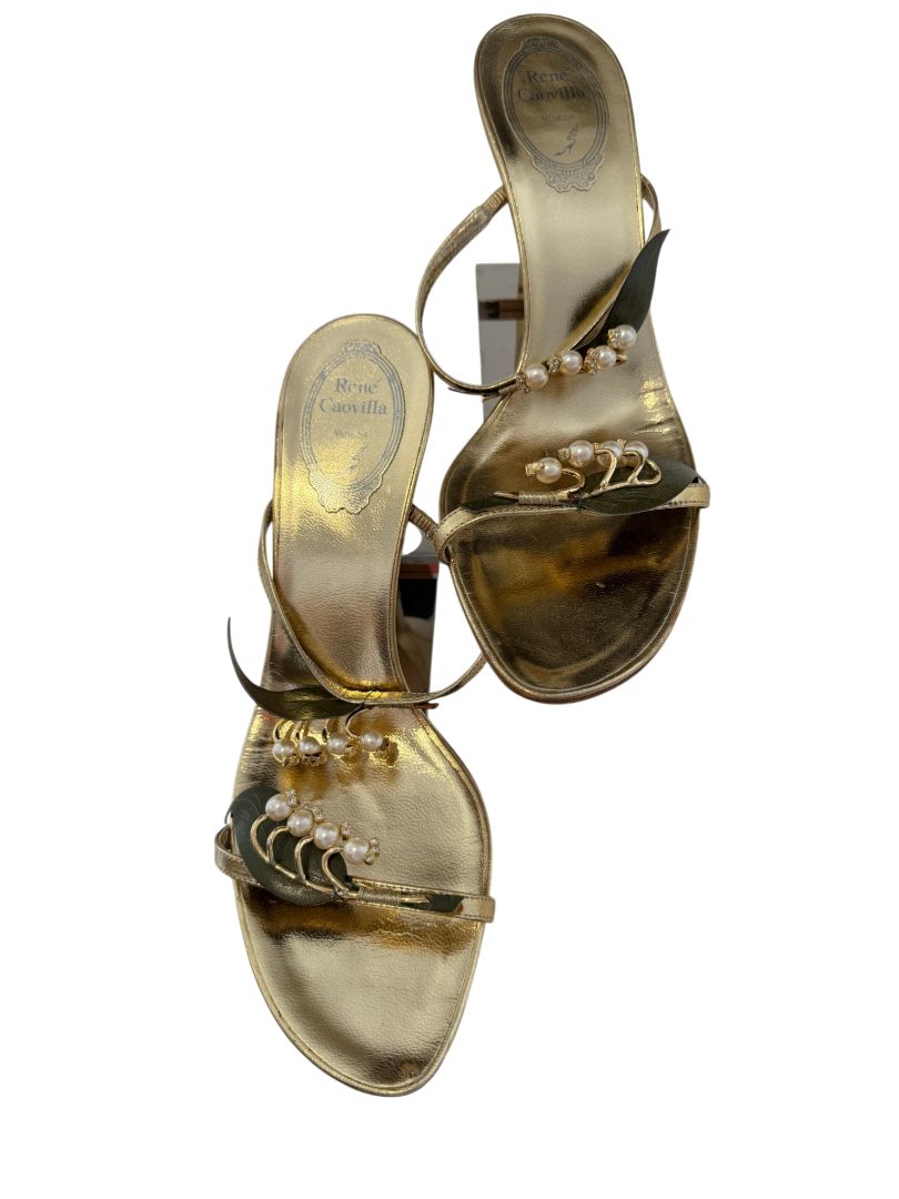 René Caovilla Gold Strappy Heels with Pearl and Leaf Embellishment