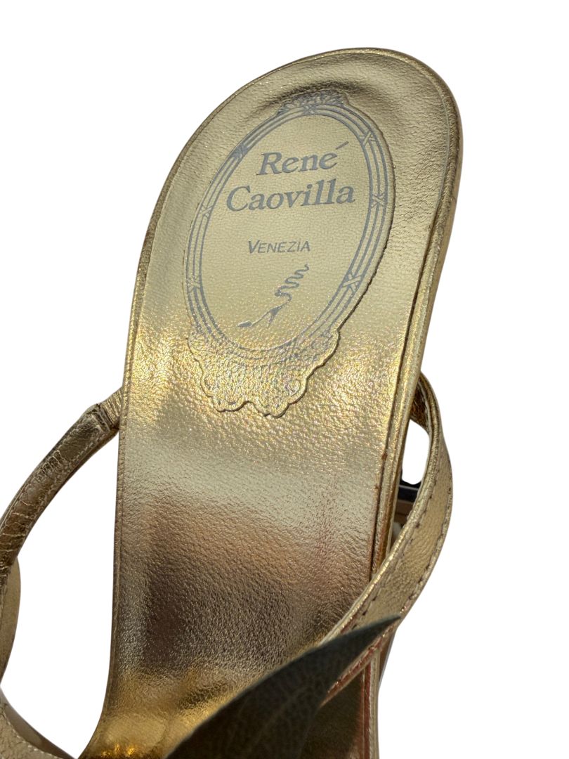 René Caovilla Gold Strappy Heels with Pearl and Leaf Embellishment