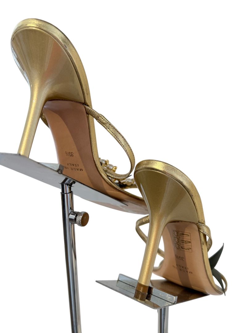 René Caovilla Gold Strappy Heels with Pearl and Leaf Embellishment