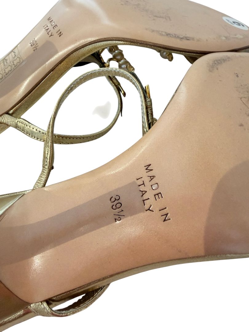 René Caovilla Gold Strappy Heels with Pearl and Leaf Embellishment