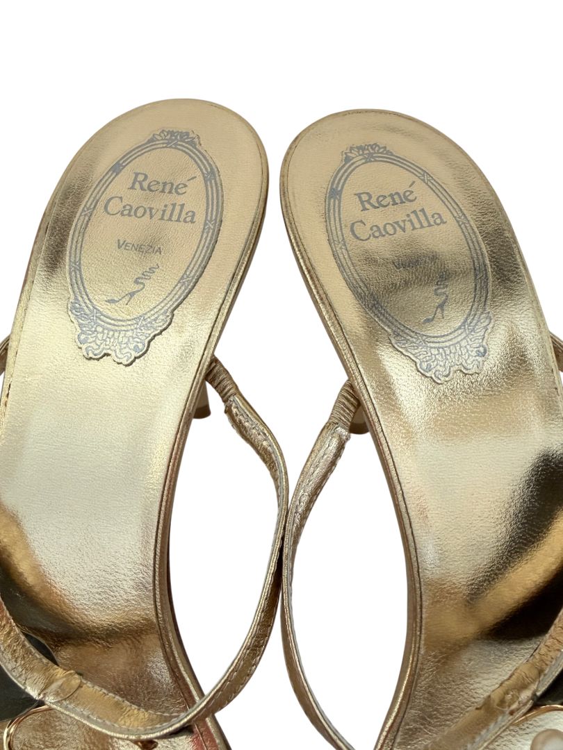 René Caovilla Gold Strappy Heels with Pearl and Leaf Embellishment