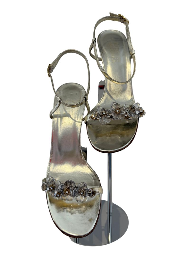 Badgley Mischka Gold Ankle Strap Heels with Crystal Flower Detail