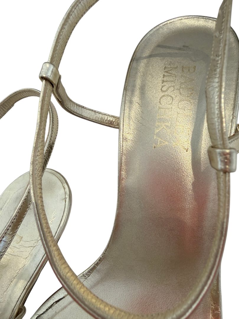 Badgley Mischka Gold Ankle Strap Heels with Crystal Flower Detail