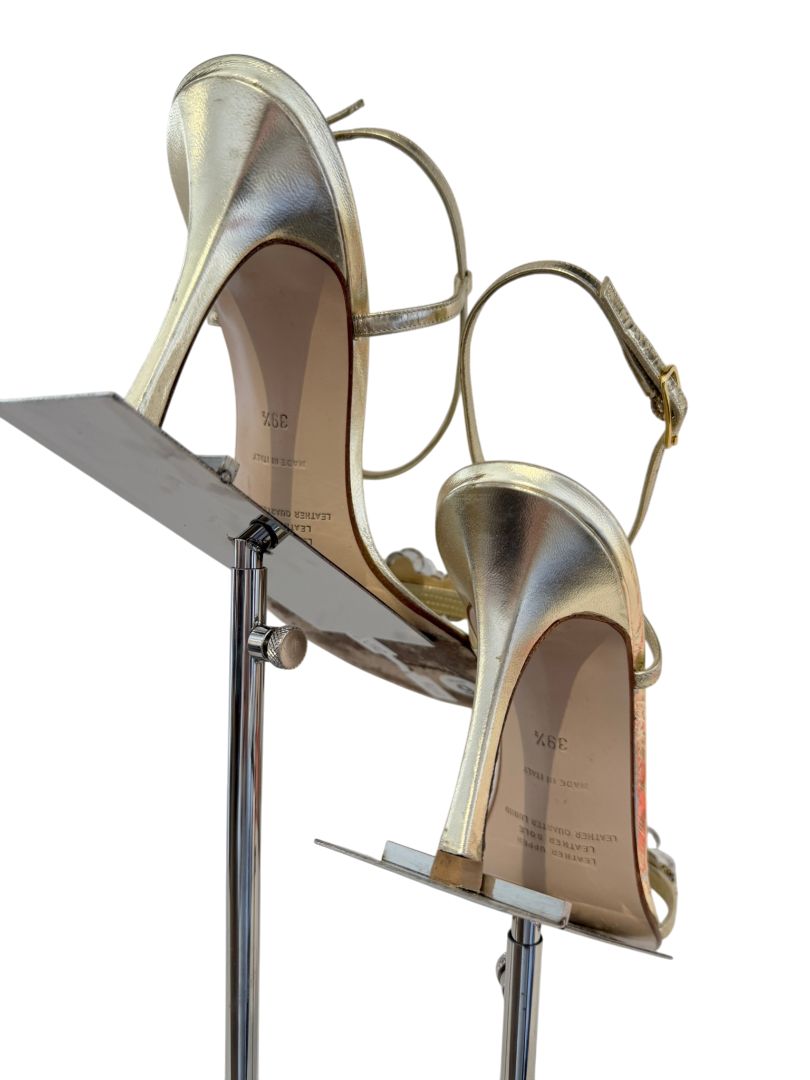 Badgley Mischka Gold Ankle Strap Heels with Crystal Flower Detail