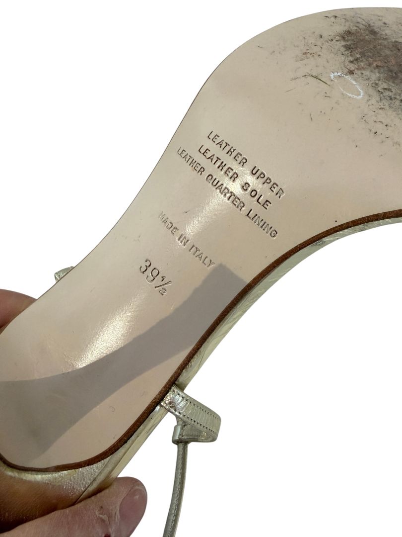 Badgley Mischka Gold Ankle Strap Heels with Crystal Flower Detail