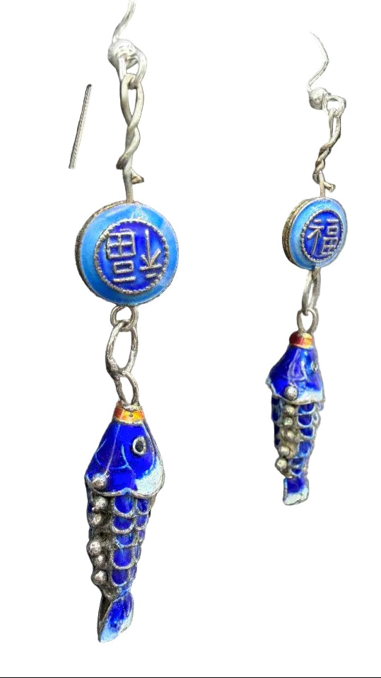 1970s Blue Enamel Articulated Koi Fish Earrings