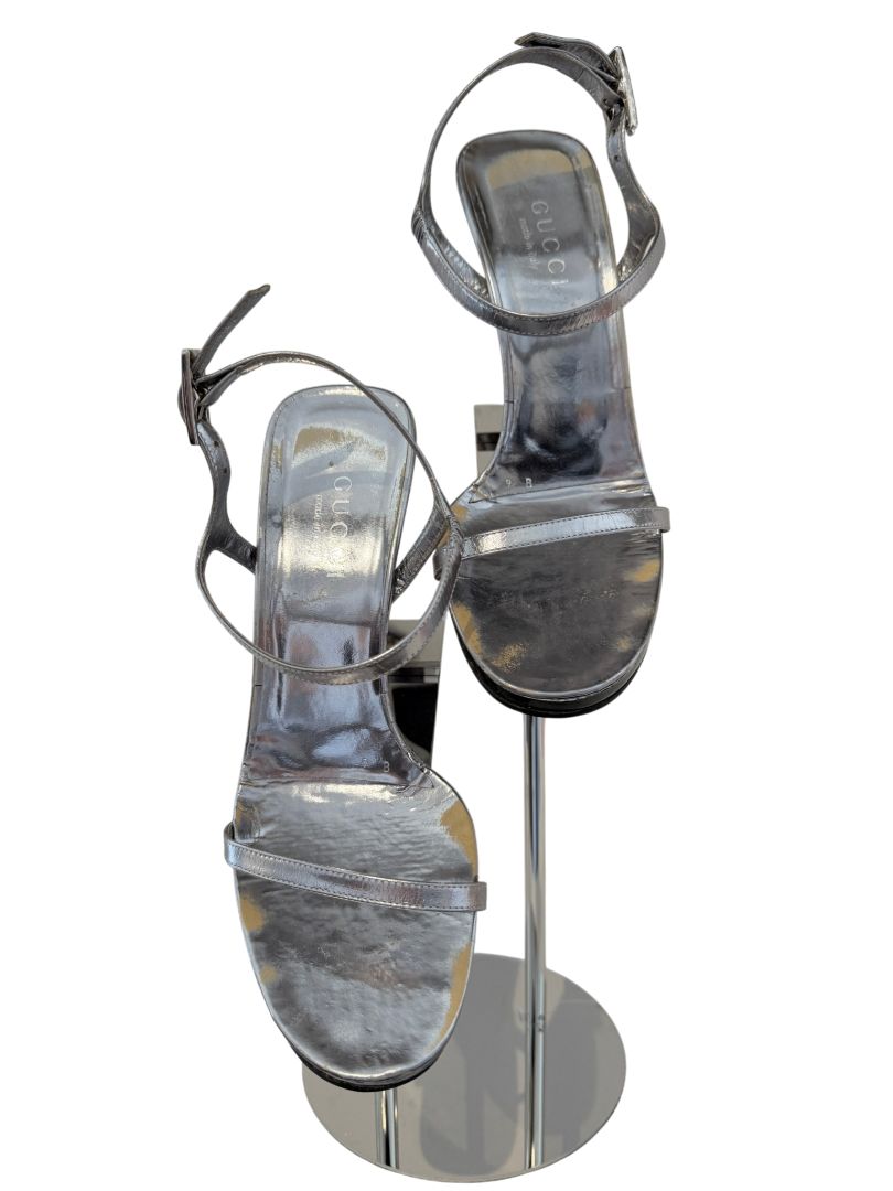 Tom Ford for Gucci Silver Leather Strappy Lucite Wedge Heels