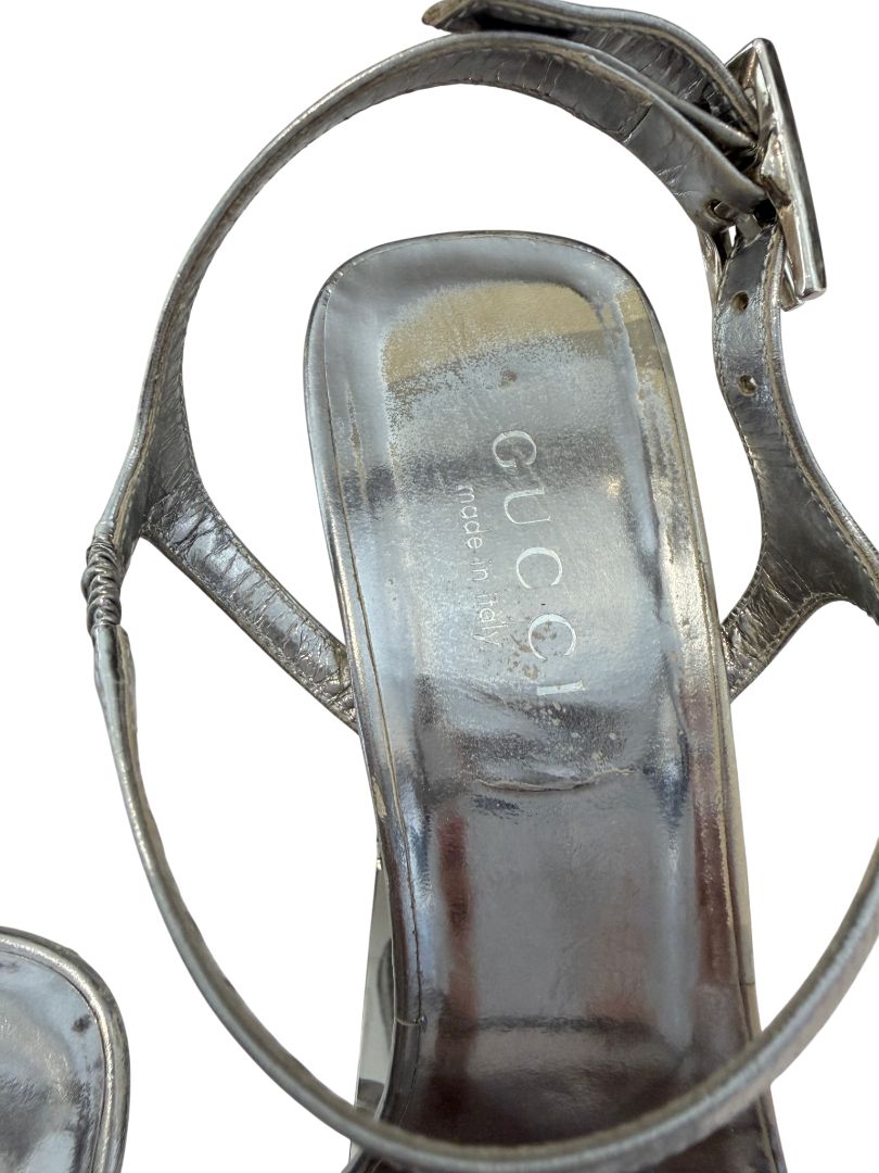 Tom Ford for Gucci Silver Leather Strappy Lucite Wedge Heels