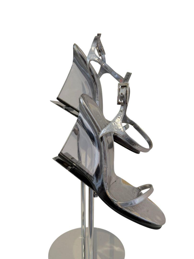Tom Ford for Gucci Silver Leather Strappy Lucite Wedge Heels