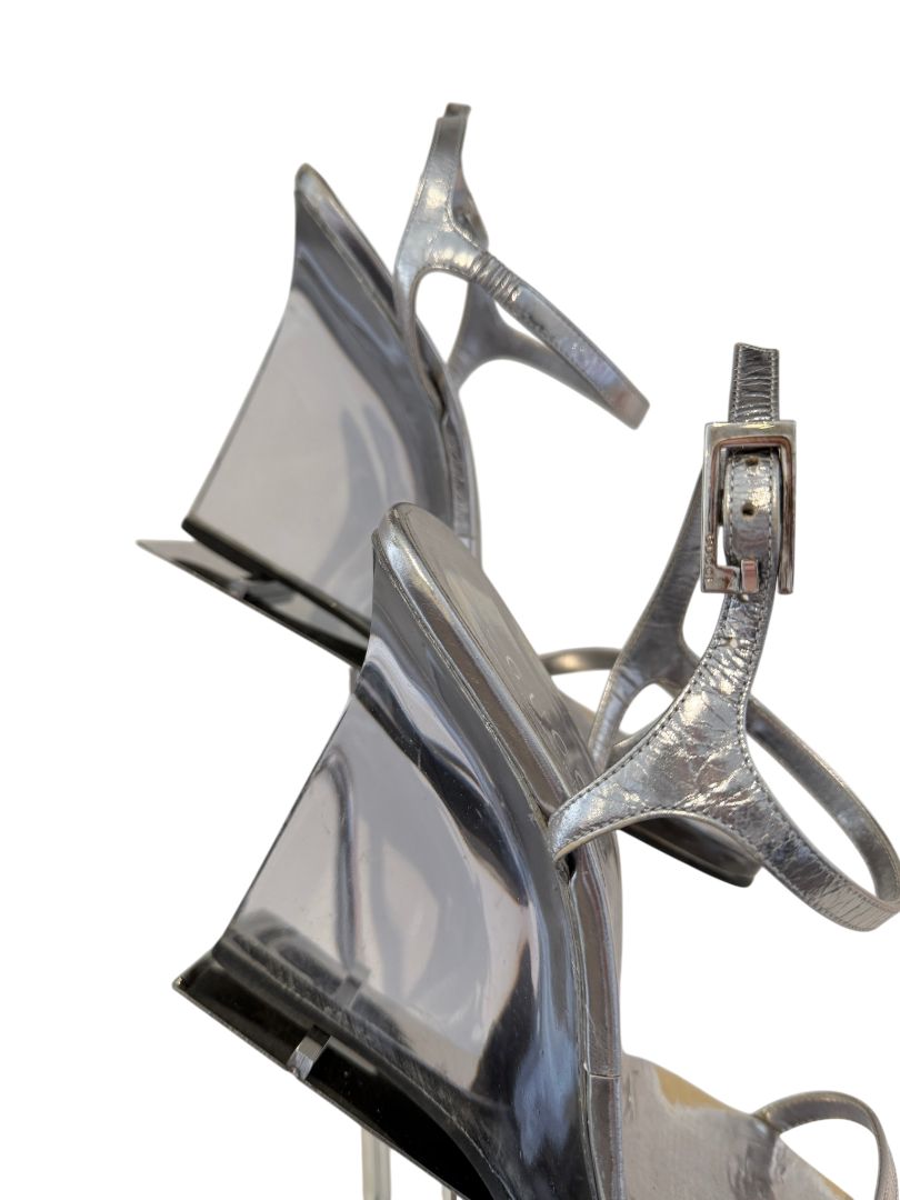 Tom Ford for Gucci Silver Leather Strappy Lucite Wedge Heels