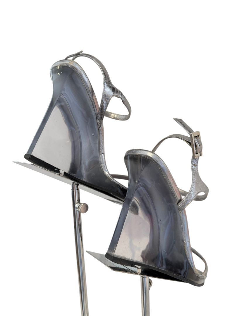 Tom Ford for Gucci Silver Leather Strappy Lucite Wedge Heels