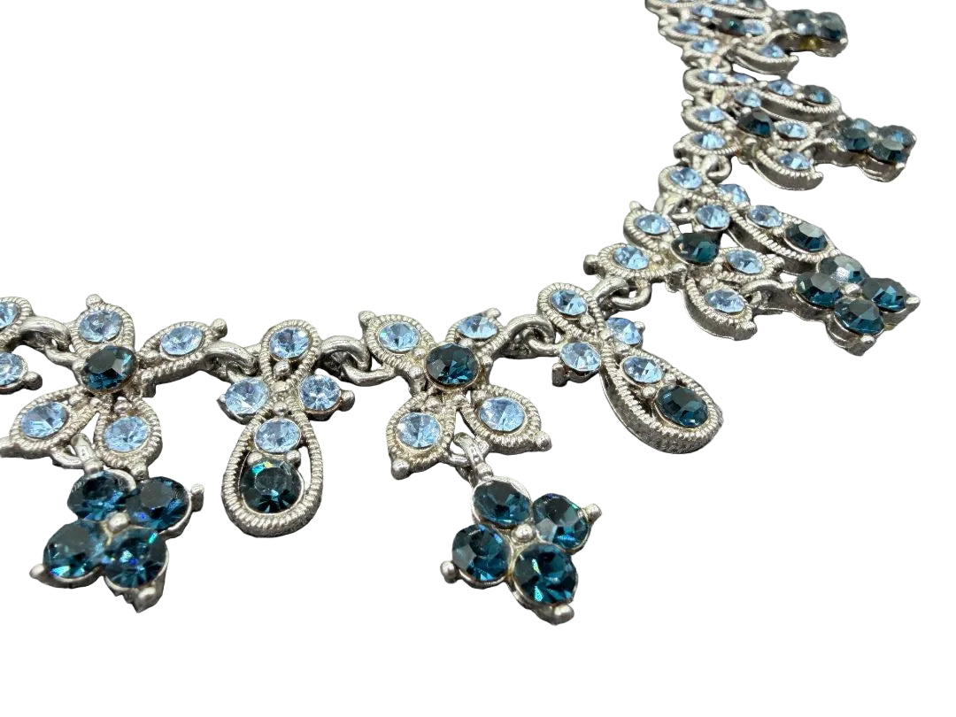 1960s Silver-Tone Floral Necklace with Light & Dark Blue Rhinestones