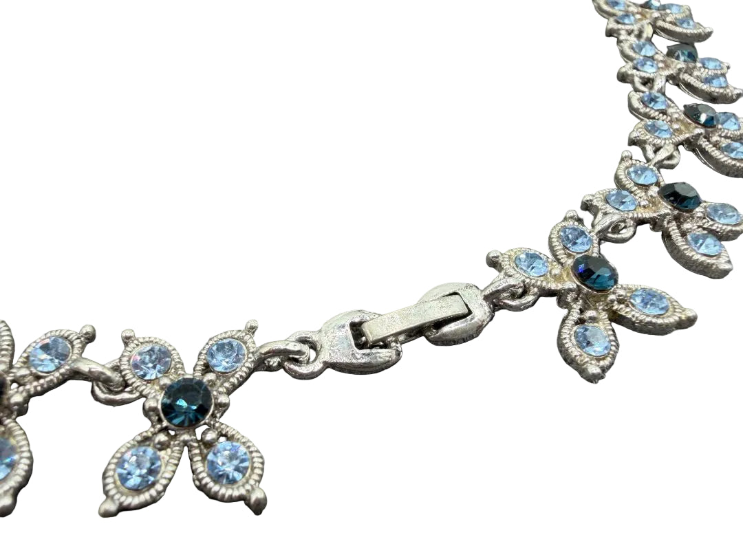 1960s Silver-Tone Floral Necklace with Light & Dark Blue Rhinestones
