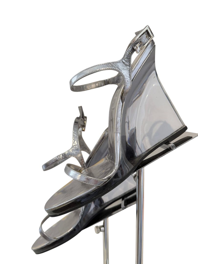 Tom Ford for Gucci Silver Leather Strappy Lucite Wedge Heels