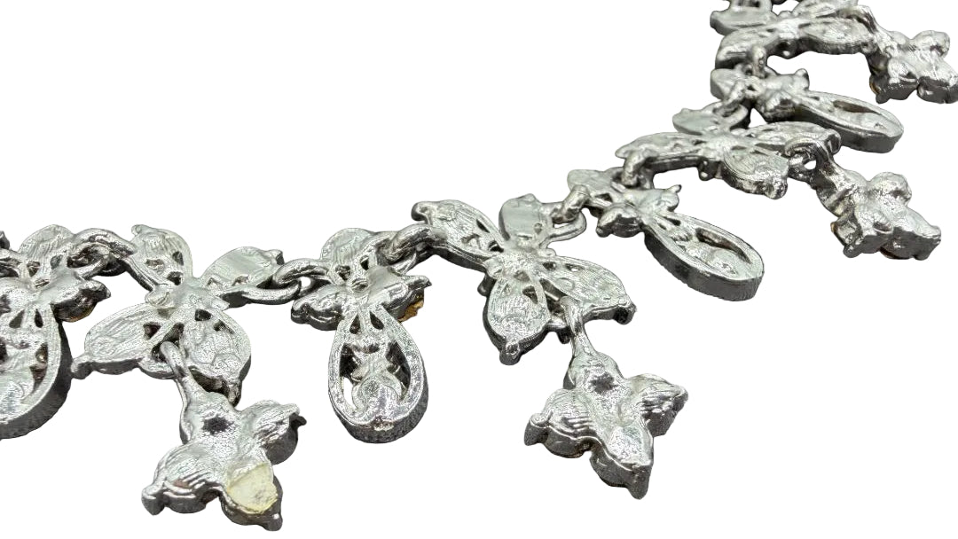 1960s Silver-Tone Floral Necklace with Light & Dark Blue Rhinestones