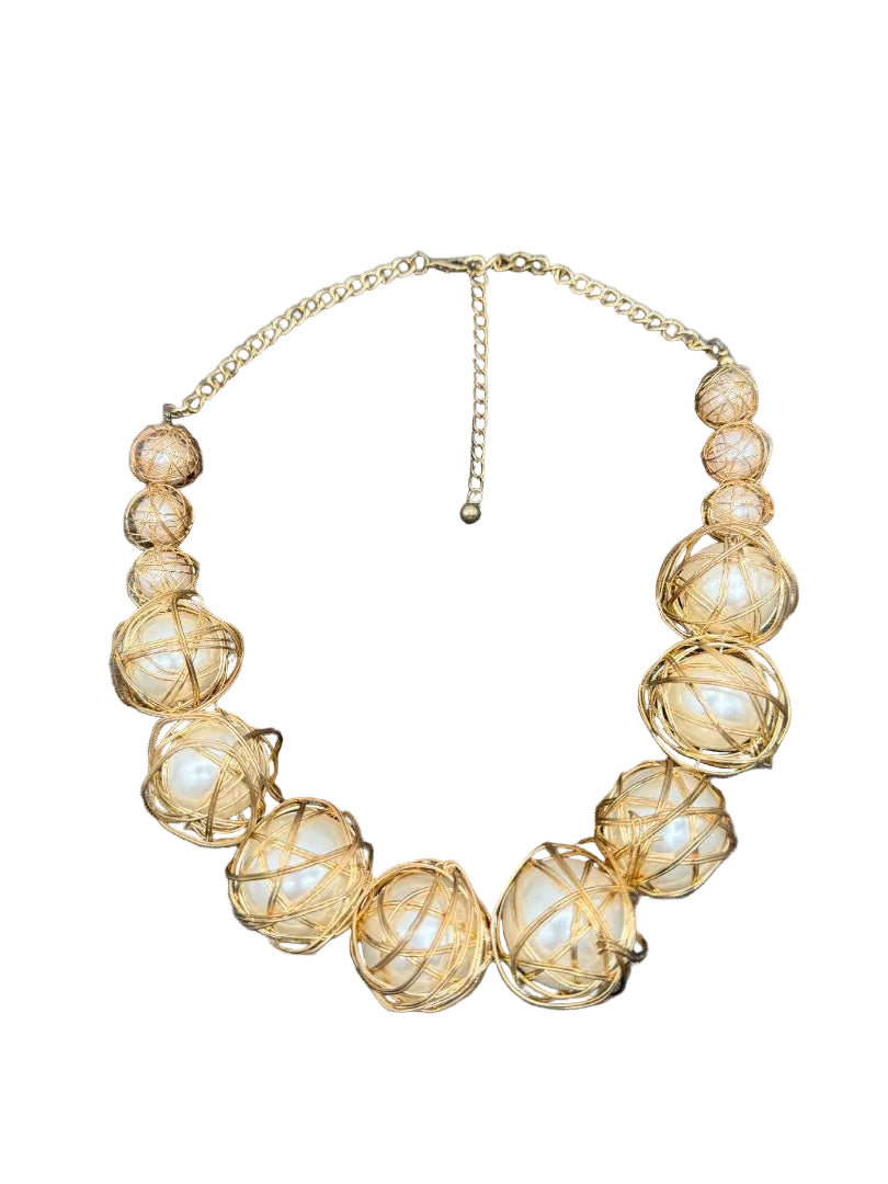 1990s Chunky Faux Pearl & Gold-Tone Wire Cage Graduated Statement Necklace