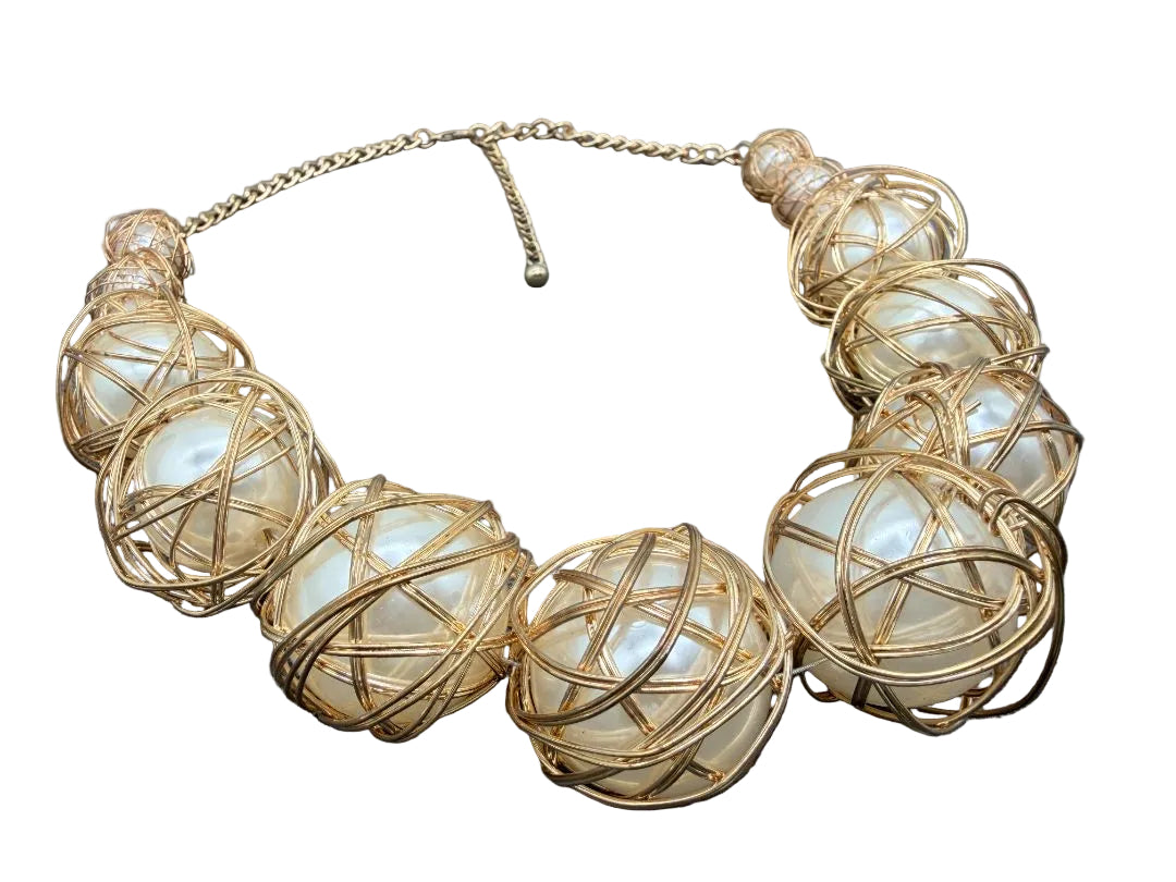 1990s Chunky Faux Pearl & Gold-Tone Wire Cage Graduated Statement Necklace