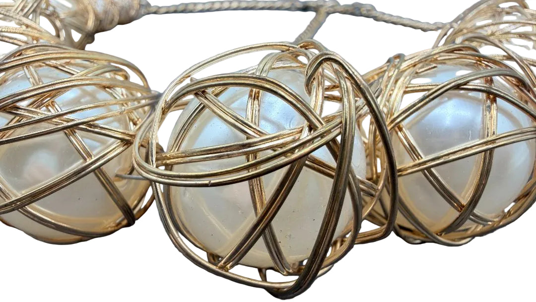 1990s Chunky Faux Pearl & Gold-Tone Wire Cage Graduated Statement Necklace