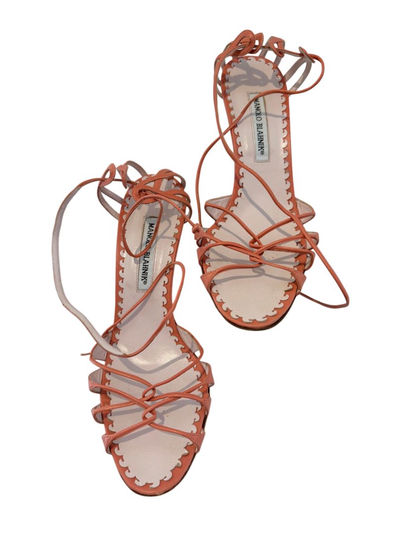 Manolo Blahnik Coral Leather Strappy Open-Toe Heels