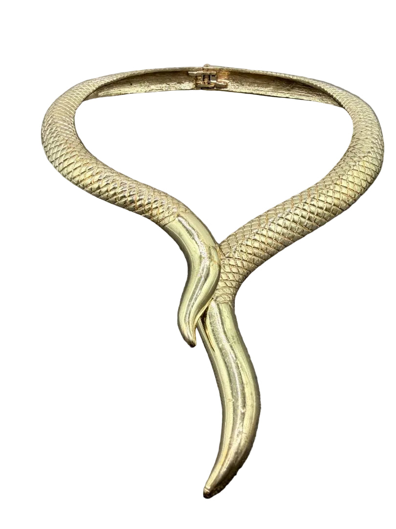 1990s Gold-Tone Textured Hinged Double Snake Tail Necklace