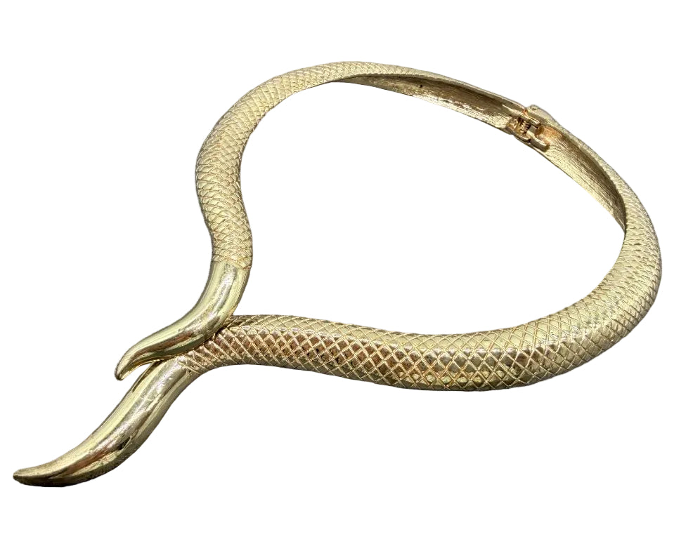 1990s Gold-Tone Textured Hinged Double Snake Tail Necklace