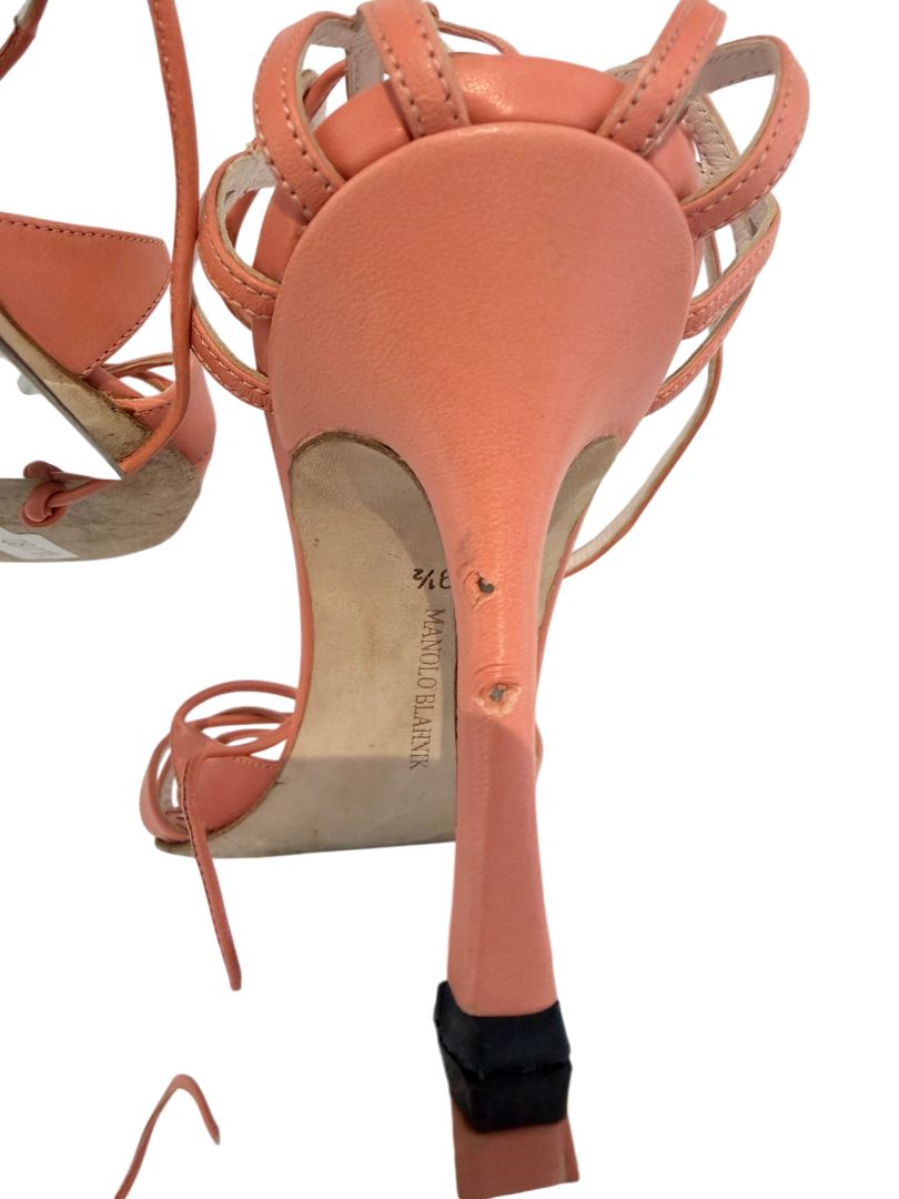 Manolo Blahnik Coral Leather Strappy Open-Toe Heels