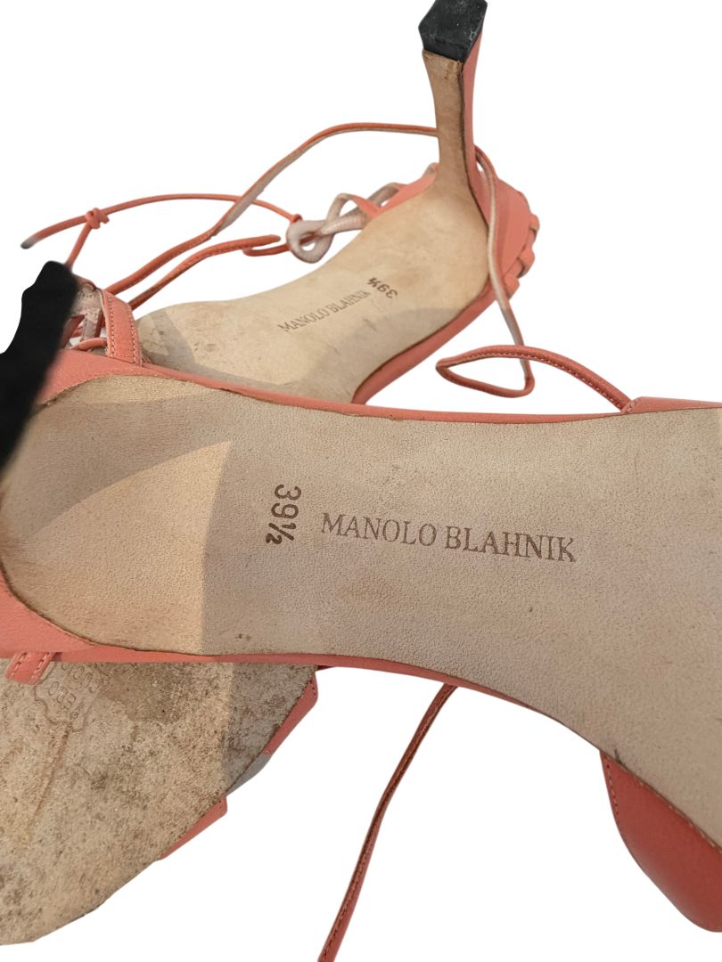 Manolo Blahnik Coral Leather Strappy Open-Toe Heels