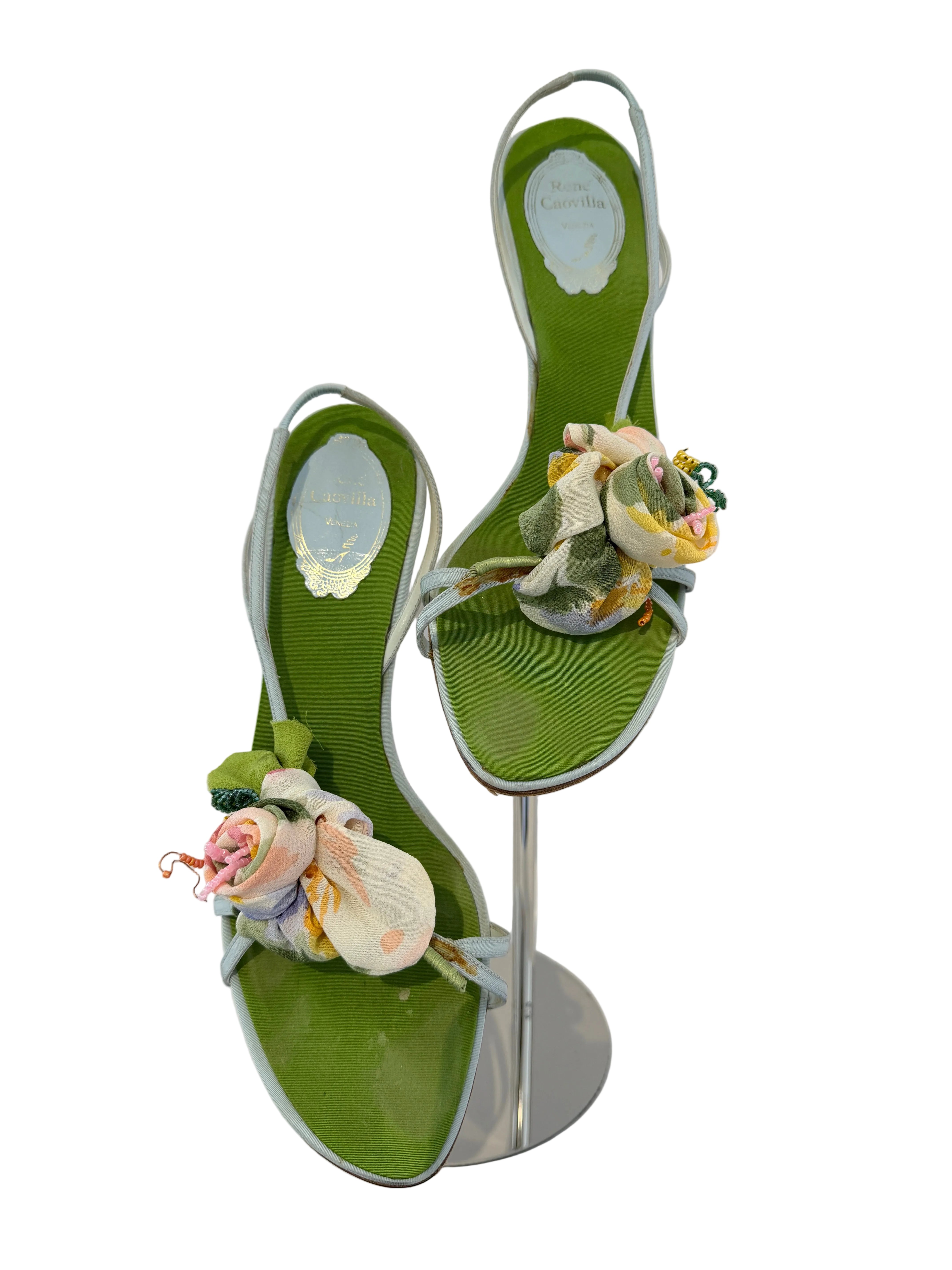 René Caovilla Pale Blue Strappy Heels with Silk Floral Rosettes